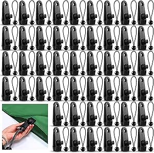 Yulejo 72 Pcs Tarp Clips Heavy Duty and Ball Bungee Cords Tarp Clamps Shark Tent Fasteners Clips Holder for Swimming Pool Cover Awnings Outdoor Camping Caravan Canopies Car