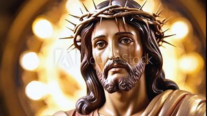 jesus christ face portrait sculpture in crown of thorns animation -- 4k stock video footage AI