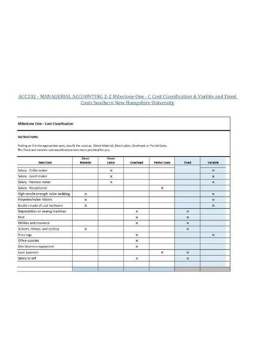 Acc202 Managerial Accounting 2 2 Milestone One Cost ClassificATIon Variable And Fixed Costs