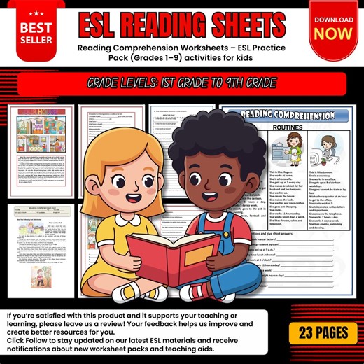 Reading Comprehension Worksheets – ESL Practice Pack (grades 1–9) Homeschool and Classroom Practice Activities for Kids - Etsy