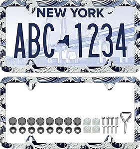 Ocean Waves License Plate Frame - 2 Pack Blue Traditional Sea Wave Aluminum License Plate Covers Car Universal Accessories Decoration Size 12.3" X 6.3" 4 Holes with Screw Caps