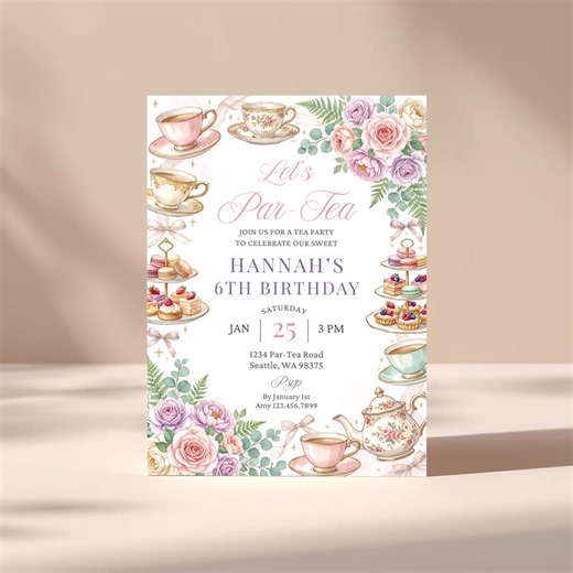 Tea Party Birthday Invitation Canva Template, Par-tea Celebration Invite, Pink Gold Floral Watercolor Design, Whimsical Editable 5x7 Card - Etsy