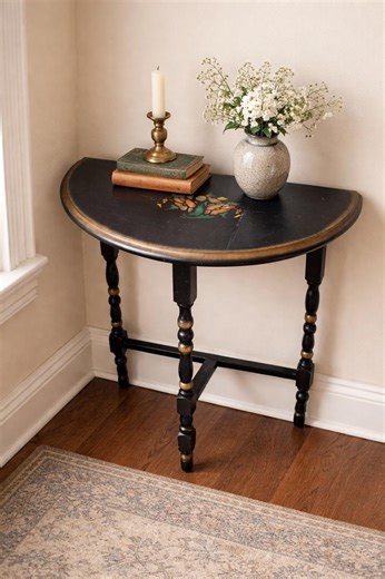 Vintage Hitchcock Style Demilune Table, Half Moon Console Table, Black & Gold Accent Table, Entryway Side Table, Floral Painted Wood - Etsy