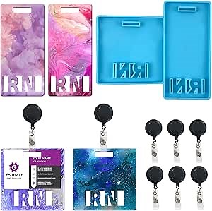 Yanmucy Badge Buddy Mold for Epoxy Resin Silicone ID Card Holder Resin Mold RN Work Card Holder Mold with 6 Pieces ID Badge Reel Clip (RN)