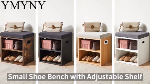 YMYNY Shoe Storage Bench with Cushion, 2 Tier Shoe Rack with Padded Seat, Adjustable Shoe Organizer Cabinet for Entryway, Living Room, Hallway, Closet, 15.4L*11W*16.54H, Rustic Brown, UHBD028H