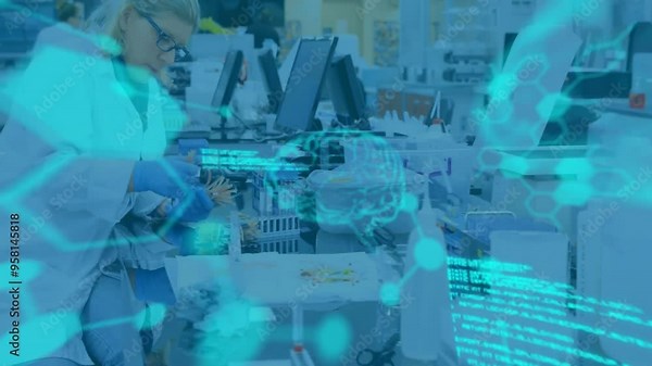 Scientific data processing animation over laboratory researchers working with equipment Stock Video