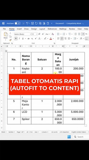 92K views · 1.7K reactions | rapikan tabel secara otomatis di Microsoft Word menggunakan Autofit To Content #tutorial #tipsdantrik #belajarkomputer #tutorialkomputer #microsoftword #belajarword #belajarmicrosoftwrod #tutorialkomputerpemula #belajarngetik #viral #isnainipanglima #panglimatutorial #trikword #trikmembuattabel #belajarexcel #belajarmsword #caramembuattabel | Panglima Tutorial | Facebook