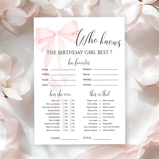 Who Knows the Birthday Girl Best Printable Party Game Pink Bow Canva Template Digital Download - Etsy