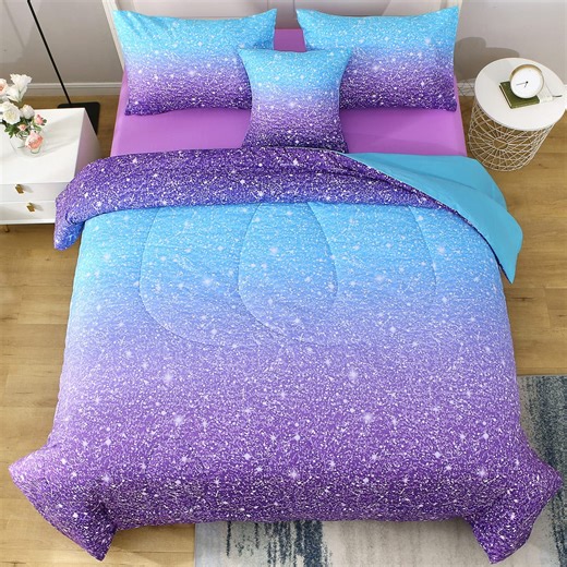 OKKEEY 6 Pcs Girls Kids Comforter Set Full Size, Blue Purple Gradient Colorful Bed in a Bag with Sheets, Soft Microfiber Bedding Set for Bedroom Decor
