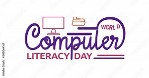 World Computer Literacy Day text animation with alpha channel. Reminds us to contribute quota towards making computers accessible and easy to understand for those who may struggle with innovation.