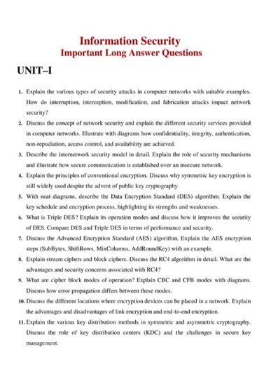 Information Security (IS) Important Questions || Network Security Important Questions || CNS || IS