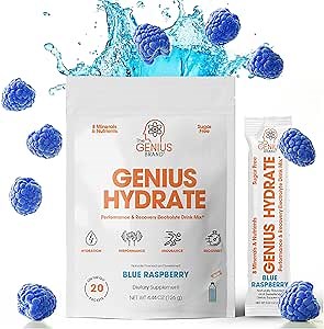 The Genius Brand - Genius Hydrate Stick Pack Powder Drink Mix – Blue Raspberry Flavor, Natural Electrolyte Booster with Coconut Water & Potassium for Ultimate Hydration - 20 Packets