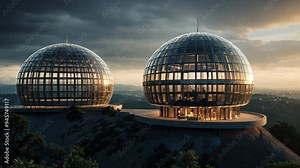 Video footage of two spherical structures with a metallic, geodesic design, situated on a raised platform with steps leading