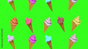 different ice cream on a green background loop seamless 3d render