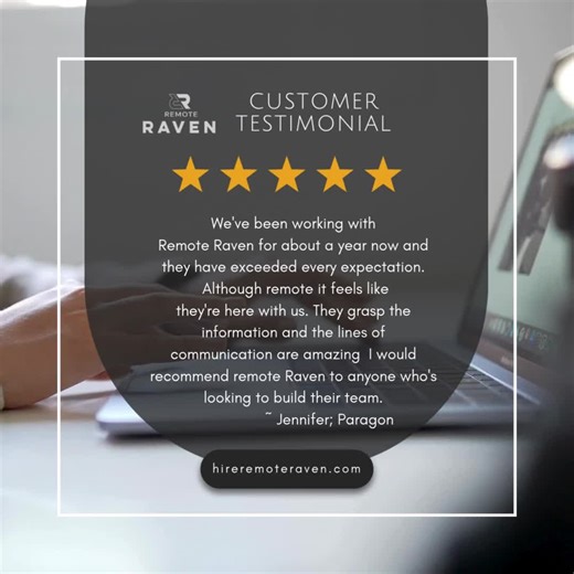 At Remote Raven, we don’t just fill roles—we build relationships. From seamless communication to a deep understanding of your business needs, our Ravens become an extension of your team. 👀 Curious about how we can support your growth too? Let’s build your dream team—one Raven at a time. 📍 Visit: www.hireremoteraven.com ⭐️ Want to see more customer reviews about us? https://hireremoteraven.com/client-testimonials/ #HireRemoteRaven #RemoteRavenTestimonial #RemoteRavenClientReview