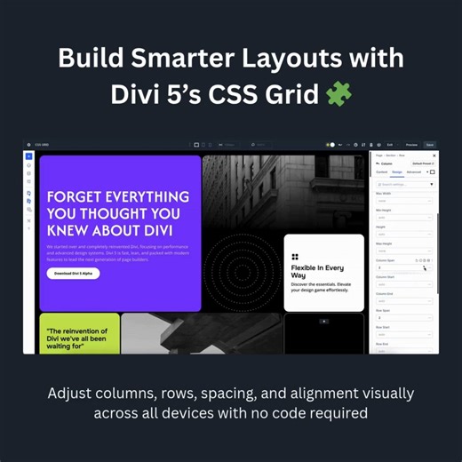1K views | Control every pixel of your layout  The new CSS Grid system in #Divi5 lets you adjust columns, rows, gaps, and alignment right inside the Visual Builder. Build complex, responsive layouts that look perfect on every screen, no code required. | Elegant Themes | Facebook
