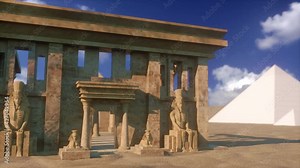 3d reconstruction of the ancient Egyptian temple and the great pyramids of Giza, Khufu, Menkaure and Khafre, Cairo, Egypt. Cairo, Giza Egypt. 3d animation.