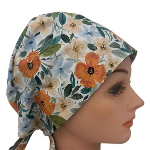 Spring Surgical Scrub Cap / Medical Hat: Cottage Floral Floral Blue Orange - Etsy