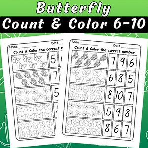 Spring Math Activities | Butterfly Count and Color Numbers 6–10 Worksheets
