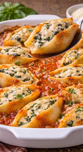 Stuffed Shells Ingredients 20–24 jumbo pasta shells 15 oz (425 g) ricotta cheese 1½ cups shredded mozzarella cheese, divided ½ cup grated Parmesan cheese 1 large egg 2 cups marinara sauce 2 cloves garlic, minced 1 tsp dried Italian seasoning Salt & black pepper, to taste Fresh parsley or basil (optional) Instructions Cook pasta: Boil shells in salted water until al dente. Drain and cool slightly. Make filling: In a bowl, mix ricotta, 1 cup mozzarella, Parmesan, egg, garlic, Italian seasoning, sa