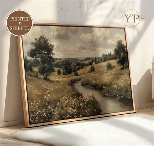 Vintage Spring Meadow Landscape Wall Art, Wildflower River Countryside Farmhouse Print - Etsy