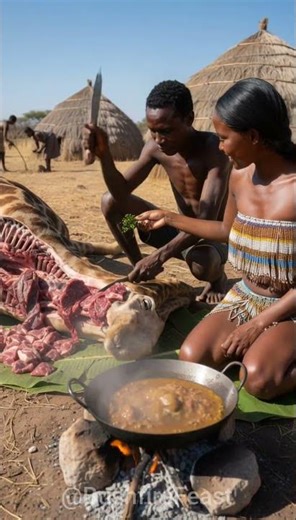 Giraffe Bushfire Cooking: Tribal Giraffe Meat Feast Over Fire! #tribalfood #tribalcooking #shorts