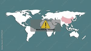 China on the world map is highlighted in red. Biohazard Warning. The virus in China. Infectious infection. Motion graphics.