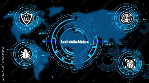 Futuristic Data Protection Interface featuring Blockchain Security HUD World Map Global Network Technology Digital Dashboard Animation for Professional Technical Corporate Visualization UI