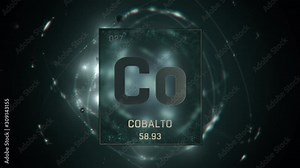 Cobalt as Element 27 of the Periodic Table. Seamlessly looping 3D animation on green illuminated atom design background with orbiting electrons. Name, atomic weight, element number in Spanish language