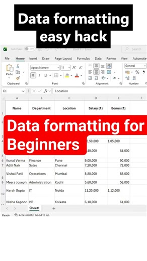 Learn Data formatting for Beginners excel user #shortcut #excel #microsoftexcel #shorts #learnexcel