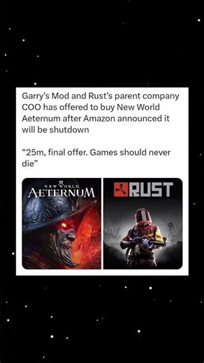 Garry’s Mod & Rust Parent Company COO Offers $25M to Save New World Aeternum