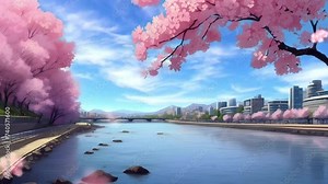 landscape view of cherry trees along the river and moving clouds. the repetition of falling cherry blossoms