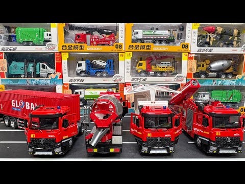 Collection Of Diecast Trucks : Container Truck, Mixer Truck, Wing Box Truck, Fire Truck