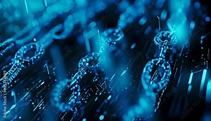Chain of links. Abstract Digital Glow Blue Connections. Concept of Chain-based Blockchain technology, Cryptocurrency technology, Secure transactions. The chain is made up of many small links