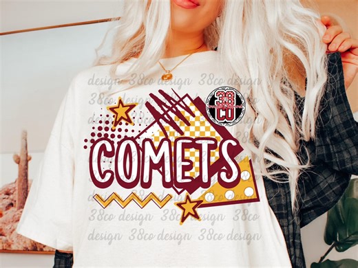 Maroon and gold school spirit png, comet, retro mascot png, team pride, gameday design, school spirit wear png, team mom, sport fan