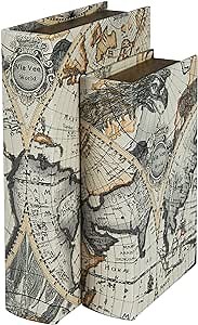 Decorative Book Boxes for Home Decor: Faux Books for Bookshelf Decoration Coffee Table Books, Set of 2 Fake Book Storage Boxes (World Map Pattern)