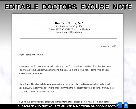 Doctors Excuse Note, Editable Template, Fake Doctors Note, Medical Note for Work, School, Word Template, Google Docs - Etsy