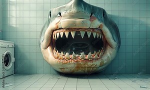 An enormous shark emerges in a laundry space, revealing its intimidating jaws amidst household appliances and tiles