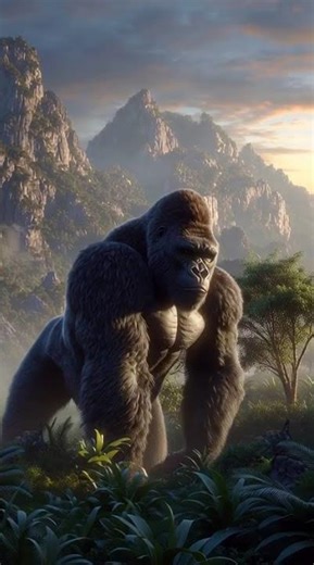 Powerful Gorilla standing in a dense tropical jungle with misty mountains