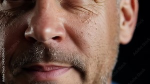 Slowmotion footage of a mans face contorting in recognition his skin covered in goosebumps as he comprehends the gravity of the situation.