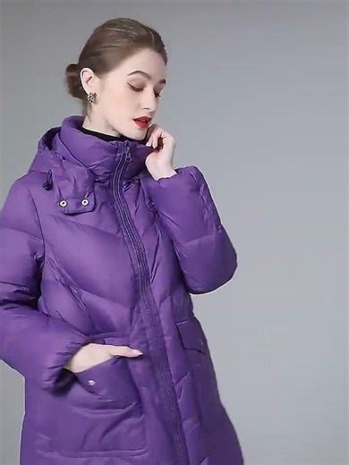 Women's purple long hooded down jacket with 90% white duck down filling.