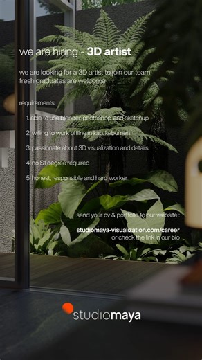 CGTALK on Instagram: "We are hiring - 3D Artist (@studiomaya.visualization ) We are looking for a 3D artist to join our team fresh graduates are welcome Requirements: 1. able to use blender, photoshop, and sketchup 2. willing to work offline in kab. kebumen 3. passionate about 3D visualization and details 4. no S1 degree required 5. honest, responsible and hard worker Send your cv & portfolio to our website: studiomaya-visualization.com/career or check the link in bio @studiomaya.visualization .