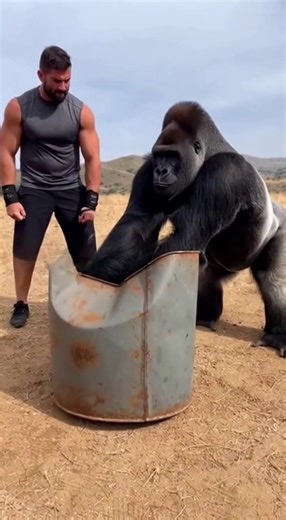 Real Strength Comparison: Bodybuilder vs Gorilla A realistic daylight strength challenge inside a gorilla enclosure. A muscular professional bodybuilder and a powerful adult gorilla stand face to face, each with an empty iron metal drum placed in front of them. The bodybuilder strikes his drum with full force using one hand, causing little to no visible damage. Moments later, the gorilla steps forward and delivers a single solid punch using both hands together, completely crushing its metal drum