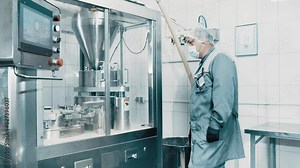 4K Machine operator working on pharmaceutical production line. Automatic Capsule Filling Machine. Automatic production line at a pharmaceutical company. Preparation and production of tablets close-up
