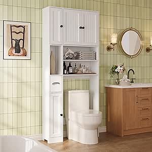 Ahomly Over The Toilet Storage Cabinet, Over Toilet Bathroom Organizer with Adjustable Shelves and Five Doors, Above Toilet Storage Cabinet for Bathroom, Restroom, Laundry, White