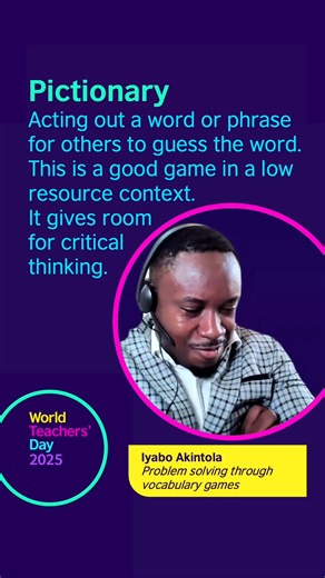 7.9K views · 48 reactions | Bring an element of fun into your classes with the game Pictionary. Get lots more ideas for word games from Iyabo's webinar: https://www.teachingenglish.org.uk/news-events/world-teachers-day-2025/world-teachers-day-2025-saturday-11-october? utm_source=TEfacebook&utm_medium=social&utm_content=webinar #TeachingEnglish #WTD25 #WorldTeachersDay #ELTplanning | TeachingEnglish - British Council | Facebook