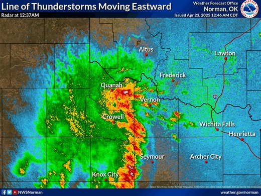 12:50 AM- A line of strong to severe thunderstorms continues to move to the east early this morning. Damaging wind gusts, hail, and heavy rainfall are the potential hazards with this line. | US National Weather Service Norman Oklahoma