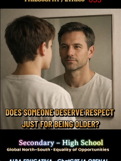 033i-DOES SOMEONE DESERVE RESPECT JUST FOR BEING OLDER? (Philosophy/Ethics) This short explores a central idea in ethics: respect does not automatically come with age. It is not a reward for surviving more years. It is something built through behavior. Young people learn what respect means mainly by observing adults. Not through speeches, but through example. Respect works like a mirror: it reflects how we treat others. Authority based only on age may force obedience. Authority based on respect 