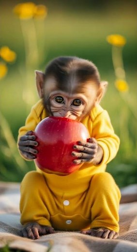Baby Monkey Eats Giant Apple in Onesie – Adorable Snack Time #cuteanimals #babyanimals #funnyvideos