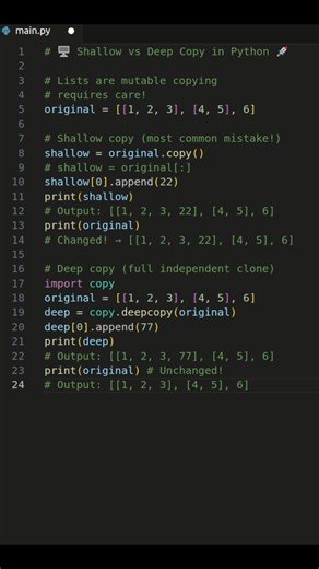 Python List Shallow vs Deep Copy #python #pythonprogramming #code #learning #tipsandtricks #tips #programming #coding | Pythopedia
